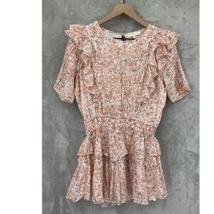 LoveShackFancy Dress Small Orange Pink Floral Ruffle Mini Cottage Coquette